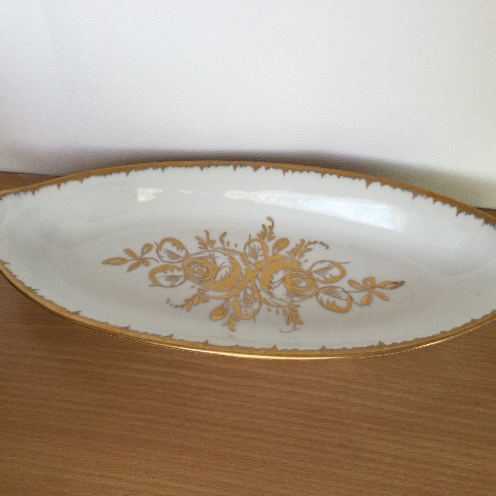 VINTAGE BIRKS HAND PAINTED w GOLD ROSE MADE IN FRANCE SERVING DISH LONG BB mark